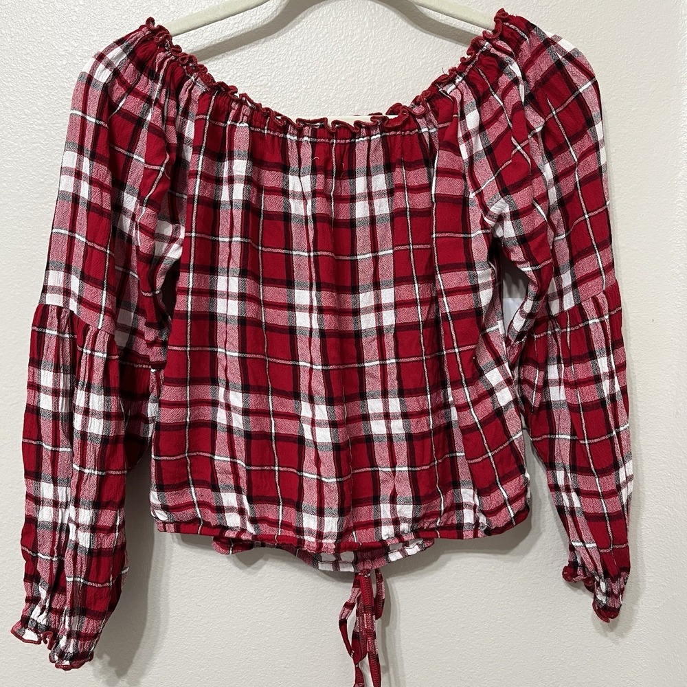 hollister Teen  top Sz Medium‎ Cropped Elastic Plaid Red/Black